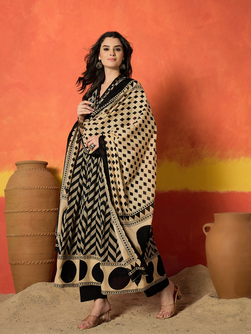 Stylum Women's Black Chevron Printed Cotton Anarkali Kurta Pant Dupatta Set (KPDBLACKSOONY)