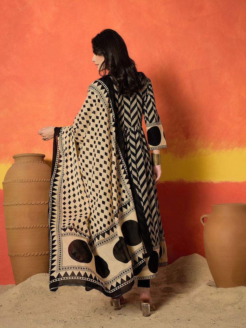Stylum Women's Black Chevron Printed Cotton Anarkali Kurta Pant Dupatta Set (KPDBLACKSOONY)