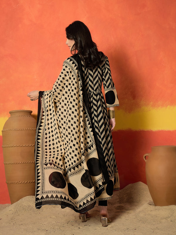 Stylum Women's Black Chevron Printed Cotton Anarkali Kurta Pant Dupatta Set (KPDBLACKSOONY)