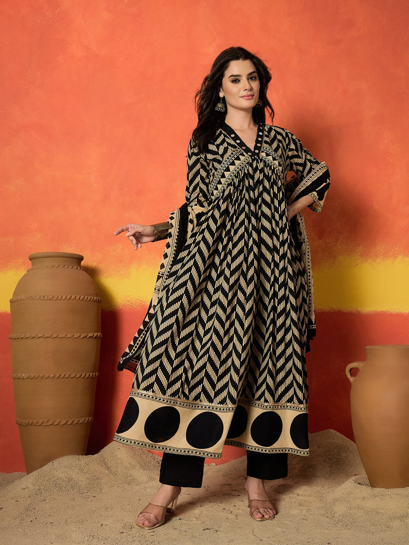 Stylum Women's Black Chevron Printed Cotton Anarkali Kurta Pant Dupatta Set (KPDBLACKSOONY)