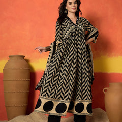 Stylum Women's Black Chevron Printed Cotton Anarkali Kurta Pant Dupatta Set (KPDBLACKSOONY)