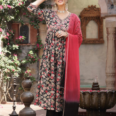 Stylum Women's Black Floral Printed & Embroidered Rayon Flared Kurta Palazzo Dupatta Set (KPDBLACKSWAN)