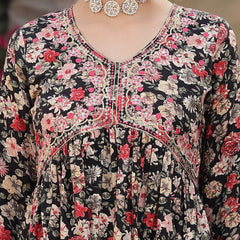 Stylum Women's Black Floral Printed & Embroidered Rayon Flared Kurta Palazzo Dupatta Set (KPDBLACKSWAN)