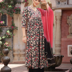 Stylum Women's Black Floral Printed & Embroidered Rayon Flared Kurta Palazzo Dupatta Set (KPDBLACKSWAN)