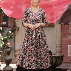 Stylum Women's Black Floral Printed & Embroidered Rayon Flared Kurta Palazzo Dupatta Set (KPDBLACKSWAN)