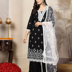 Stylum Women's Black Ethnic Printed Rayon A-Line Kurta Palazzo Dupatta Set (KPDBLACKTARA)