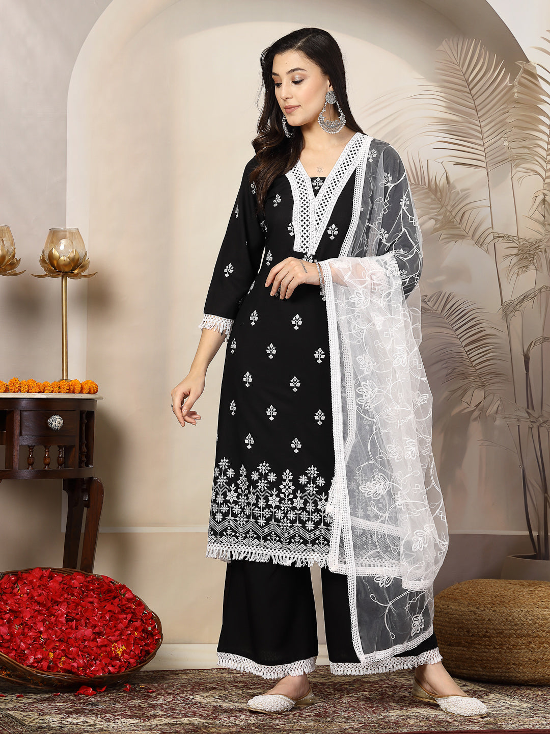 Stylum Women's Black Ethnic Printed Rayon A-Line Kurta Palazzo Dupatta Set (KPDBLACKTARA)