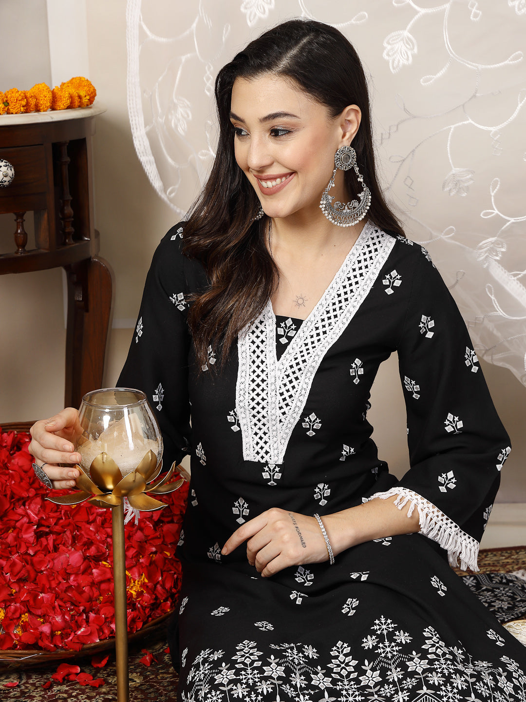 Stylum Women's Black Ethnic Printed Rayon A-Line Kurta Palazzo Dupatta Set (KPDBLACKTARA)