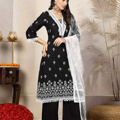 Stylum Women's Black Ethnic Printed Rayon A-Line Kurta Palazzo Dupatta Set (KPDBLACKTARA)