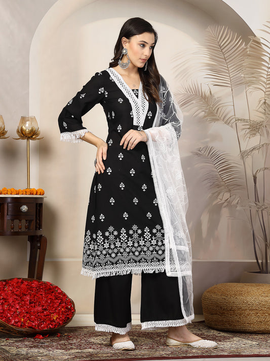 Stylum Women's Black Ethnic Printed Rayon A-Line Kurta Palazzo Dupatta Set (KPDBLACKTARA)