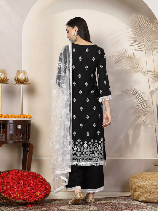 Stylum Women's Black Ethnic Printed Rayon A-Line Kurta Palazzo Dupatta Set (KPDBLACKTARA)