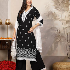 Stylum Women's Black Ethnic Printed Rayon A-Line Kurta Palazzo Dupatta Set (KPDBLACKTARA)
