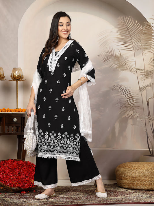 Stylum Women's Black Ethnic Printed Rayon A-Line Kurta Palazzo Dupatta Set (KPDBLACKTARA)