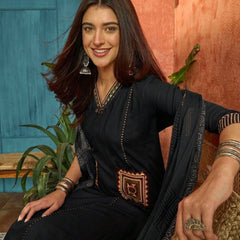 Stylum Women's Black Solid Rayon A-Line Kurta Pant Dupatta Set (KPDBLACKTULIP)