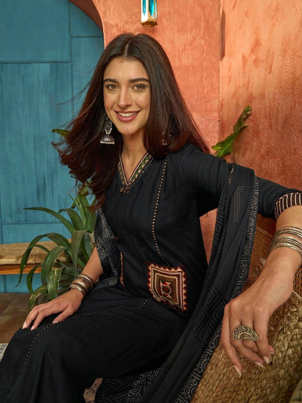 Stylum Women's Black Solid Rayon A-Line Kurta Pant Dupatta Set (KPDBLACKTULIP)