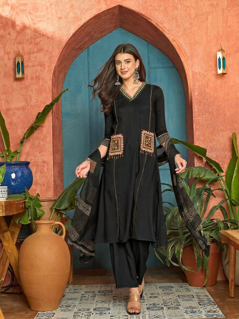 Stylum Women's Black Solid Rayon A-Line Kurta Pant Dupatta Set (KPDBLACKTULIP)