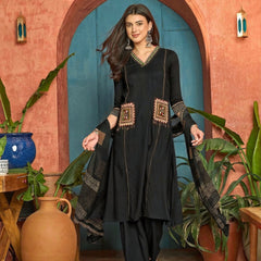 Stylum Women's Black Solid Rayon A-Line Kurta Pant Dupatta Set (KPDBLACKTULIP)