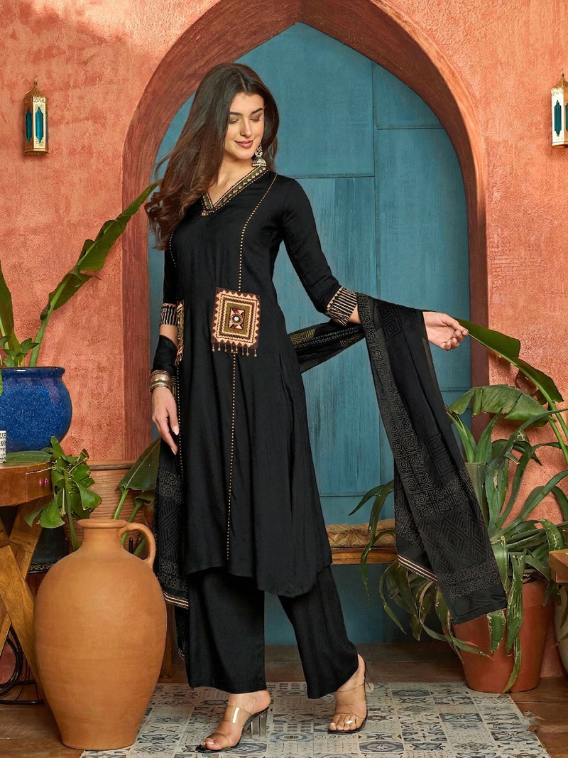Stylum Women's Black Solid Rayon A-Line Kurta Pant Dupatta Set (KPDBLACKTULIP)