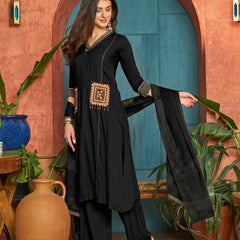 Stylum Women's Black Solid Rayon A-Line Kurta Pant Dupatta Set (KPDBLACKTULIP)