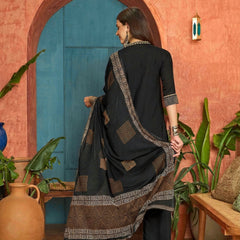 Stylum Women's Black Solid Rayon A-Line Kurta Pant Dupatta Set (KPDBLACKTULIP)