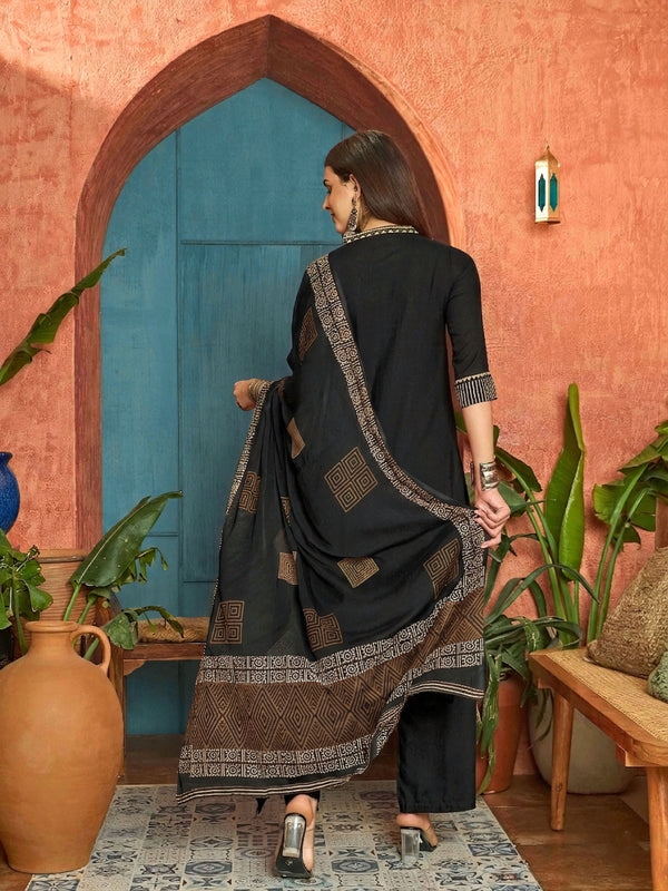 Stylum Women's Black Solid Rayon A-Line Kurta Pant Dupatta Set (KPDBLACKTULIP)