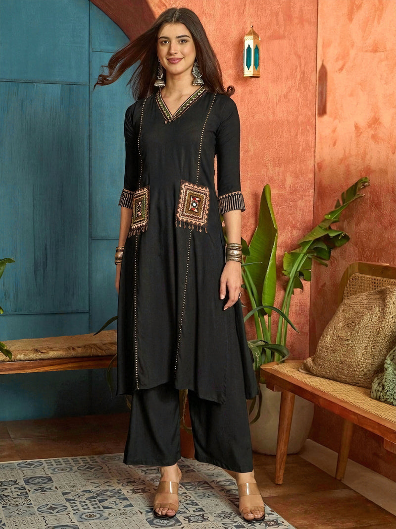 Stylum Women's Black Solid Rayon A-Line Kurta Pant Dupatta Set (KPDBLACKTULIP)