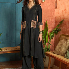 Stylum Women's Black Solid Rayon A-Line Kurta Pant Dupatta Set (KPDBLACKTULIP)