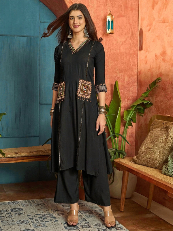 Stylum Women's Black Solid Rayon A-Line Kurta Pant Dupatta Set (KPDBLACKTULIP)