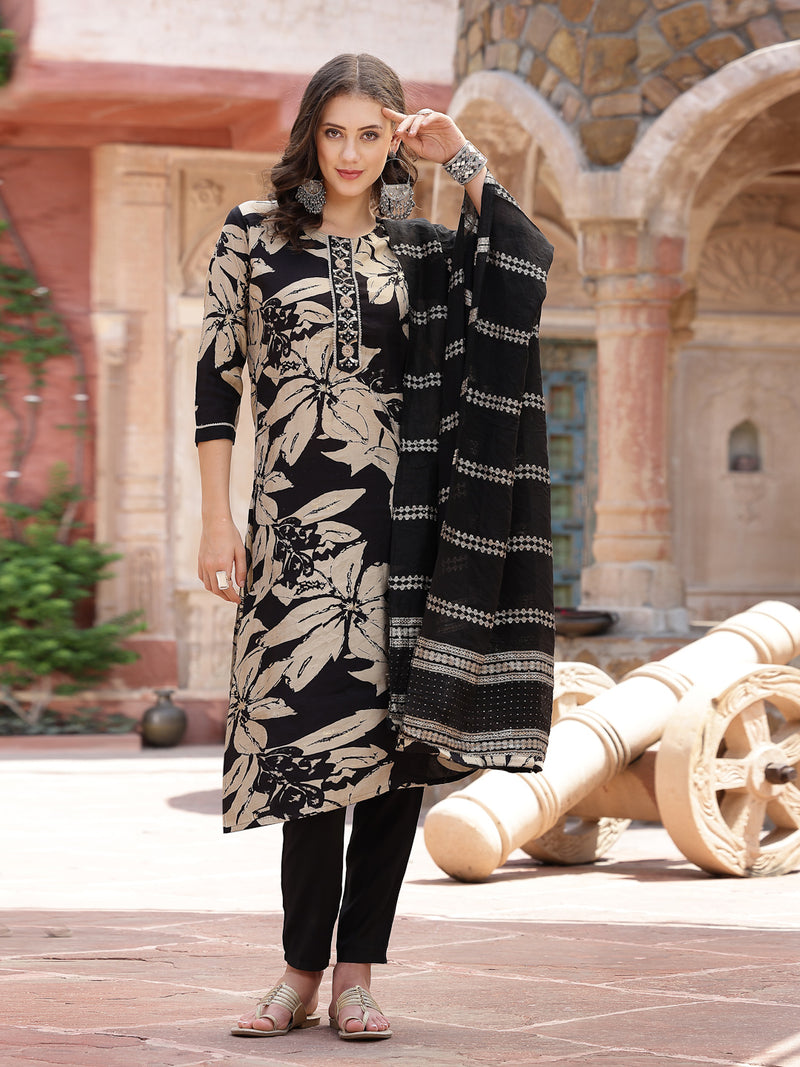 Stylum Women's Black Tropical Printed Muslin Straight Silk Kurta Pant Dupatta Set (KPDBLACKWESTIE)