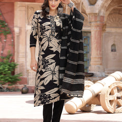 Stylum Women's Black Tropical Printed Muslin Straight Silk Kurta Pant Dupatta Set (KPDBLACKWESTIE)