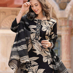 Stylum Women's Black Tropical Printed Muslin Straight Silk Kurta Pant Dupatta Set (KPDBLACKWESTIE)