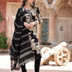 Stylum Women's Black Tropical Printed Muslin Straight Silk Kurta Pant Dupatta Set (KPDBLACKWESTIE)