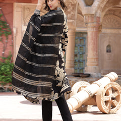 Stylum Women's Black Tropical Printed Muslin Straight Silk Kurta Pant Dupatta Set (KPDBLACKWESTIE)