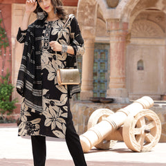 Stylum Women's Black Tropical Printed Muslin Straight Silk Kurta Pant Dupatta Set (KPDBLACKWESTIE)