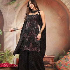 Stylum Women's Black Solid & Embroidered Wool Blend Straight Kurti Palazzo Dupatta Set (KPDBLACKZANYA)