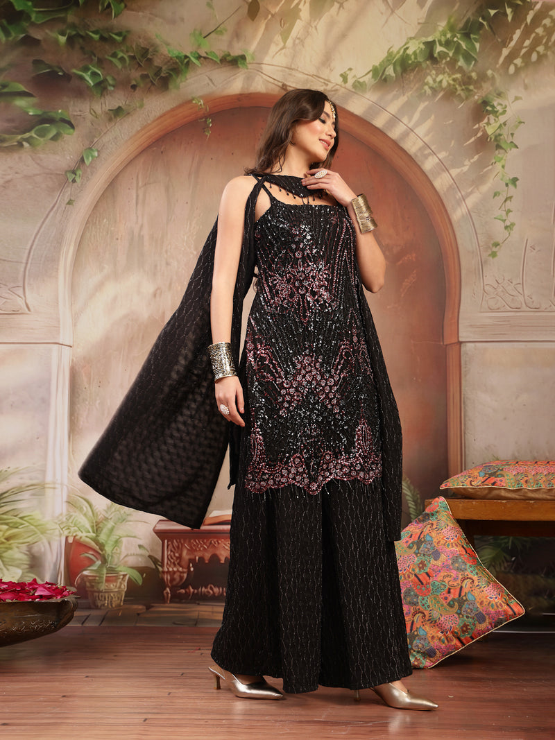 Stylum Women's Black Solid & Embroidered Wool Blend Straight Kurti Palazzo Dupatta Set (KPDBLACKZANYA)