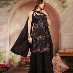 Stylum Women's Black Solid & Embroidered Wool Blend Straight Kurti Palazzo Dupatta Set (KPDBLACKZANYA)