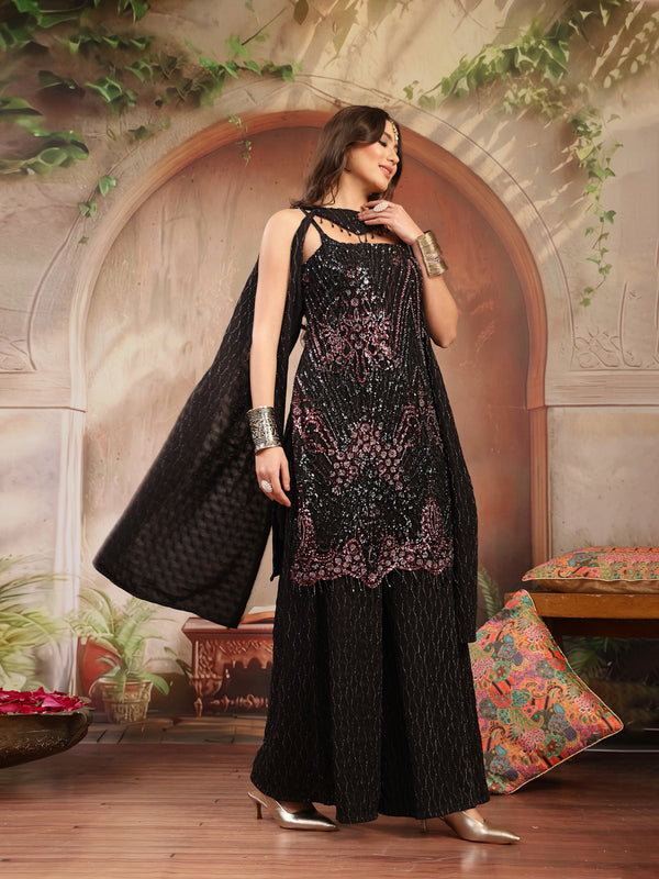 Stylum Women's Black Solid & Embroidered Wool Blend Straight Kurti Palazzo Dupatta Set (KPDBLACKZANYA)