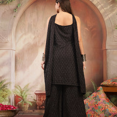 Stylum Women's Black Solid & Embroidered Wool Blend Straight Kurti Palazzo Dupatta Set (KPDBLACKZANYA)