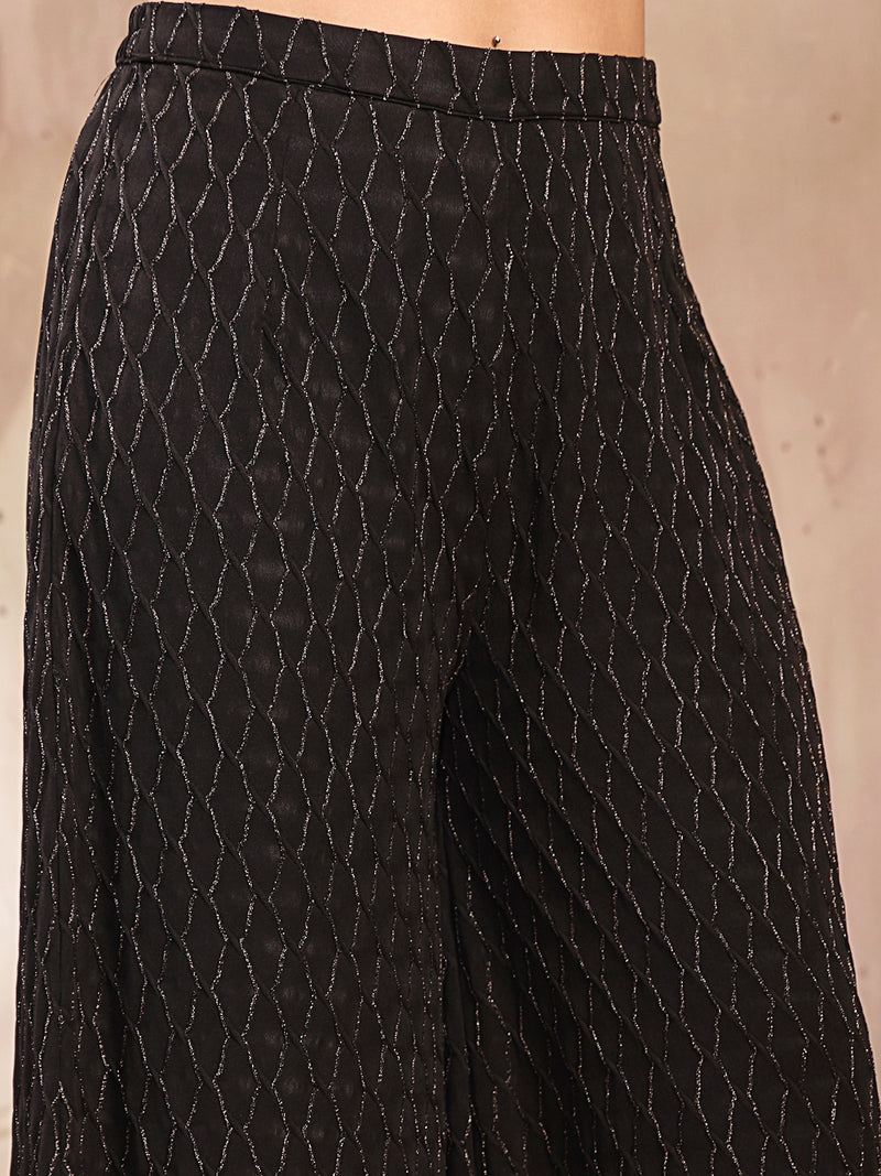 Stylum Women's Black Solid & Embroidered Wool Blend Straight Kurti Palazzo Dupatta Set (KPDBLACKZANYA)