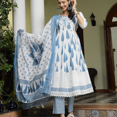 Stylum Women's Blue Ethnic Printed & Embroidered Cotton Anarkali Kurta Pant Dupatta Set (KPDBLUEALORA)