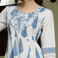 Stylum Women's Blue Ethnic Printed & Embroidered Cotton Anarkali Kurta Pant Dupatta Set (KPDBLUEALORA)