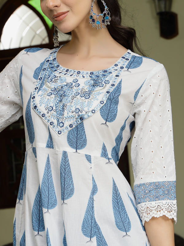 Stylum Women's Blue Ethnic Printed & Embroidered Cotton Anarkali Kurta Pant Dupatta Set (KPDBLUEALORA)