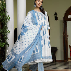 Stylum Women's Blue Ethnic Printed & Embroidered Cotton Anarkali Kurta Pant Dupatta Set (KPDBLUEALORA)