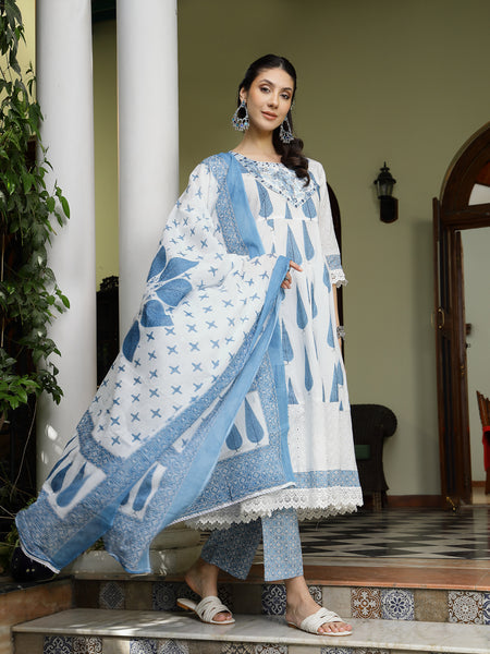 Stylum Women's Blue Ethnic Printed & Embroidered Cotton Anarkali Kurta Pant Dupatta Set (KPDBLUEALORA)