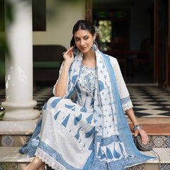 Stylum Women's Blue Ethnic Printed & Embroidered Cotton Anarkali Kurta Pant Dupatta Set (KPDBLUEALORA)