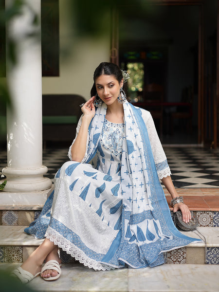 Stylum Women's Blue Ethnic Printed & Embroidered Cotton Anarkali Kurta Pant Dupatta Set (KPDBLUEALORA)
