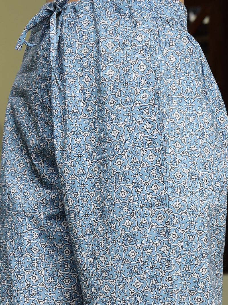 Stylum Women's Blue Ethnic Printed & Embroidered Cotton Anarkali Kurta Pant Dupatta Set (KPDBLUEALORA)