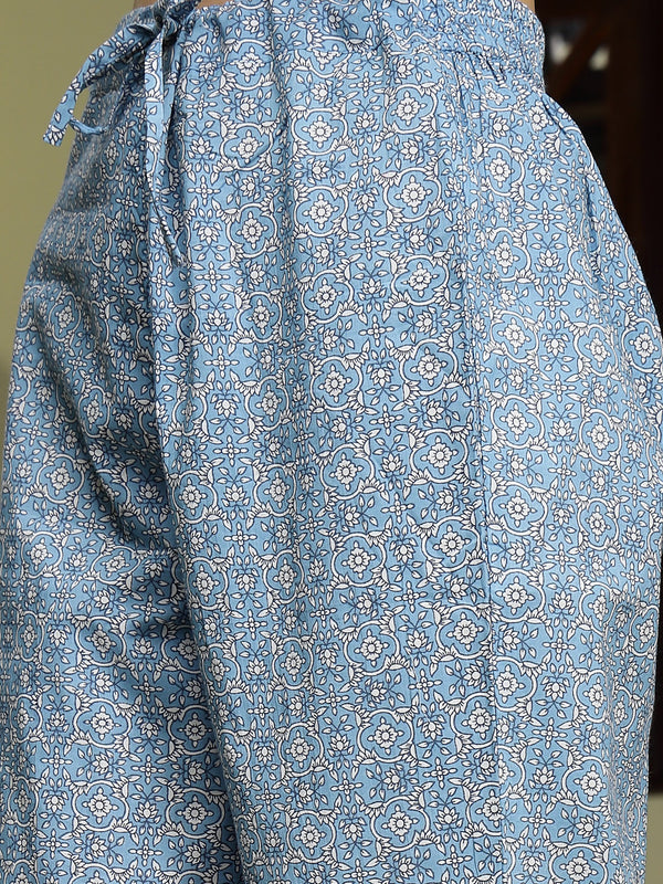 Stylum Women's Blue Ethnic Printed & Embroidered Cotton Anarkali Kurta Pant Dupatta Set (KPDBLUEALORA)