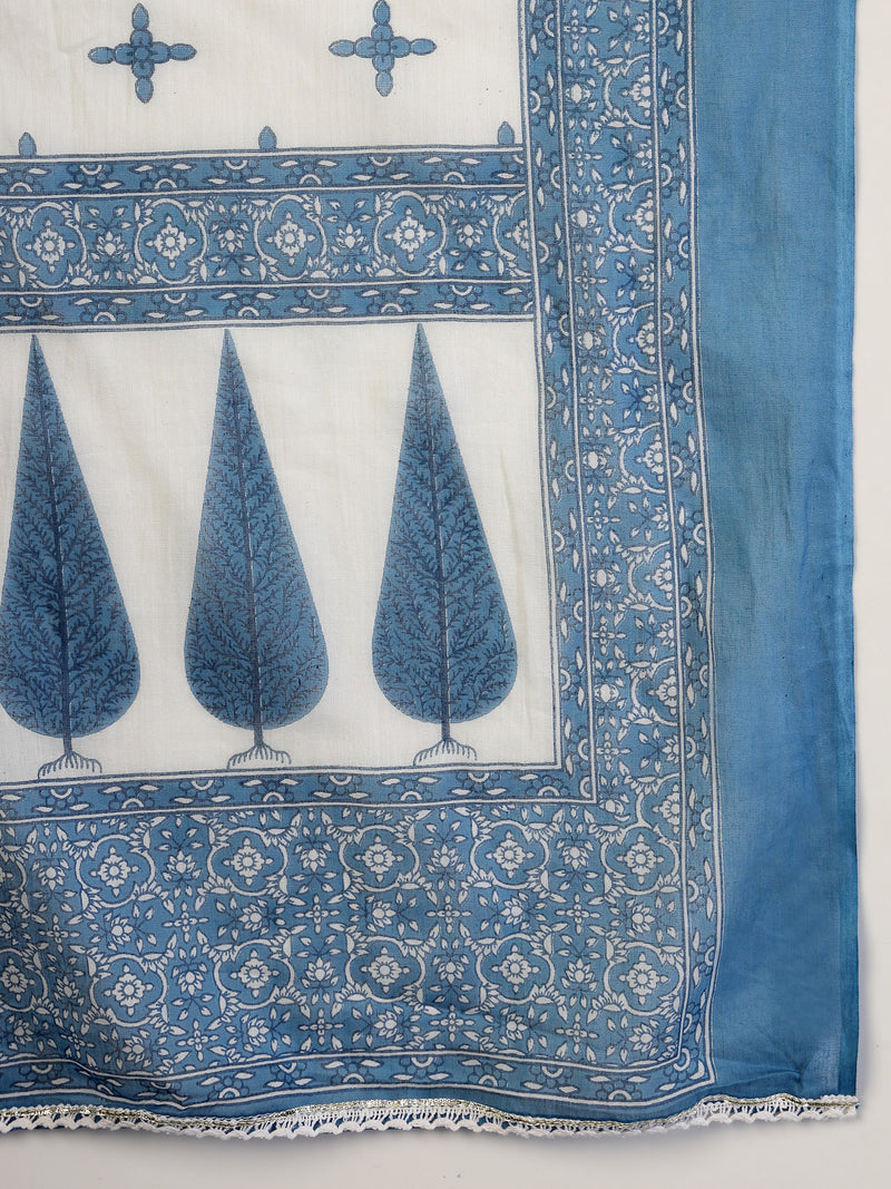 Stylum Women's Blue Ethnic Printed & Embroidered Cotton Anarkali Kurta Pant Dupatta Set (KPDBLUEALORA)